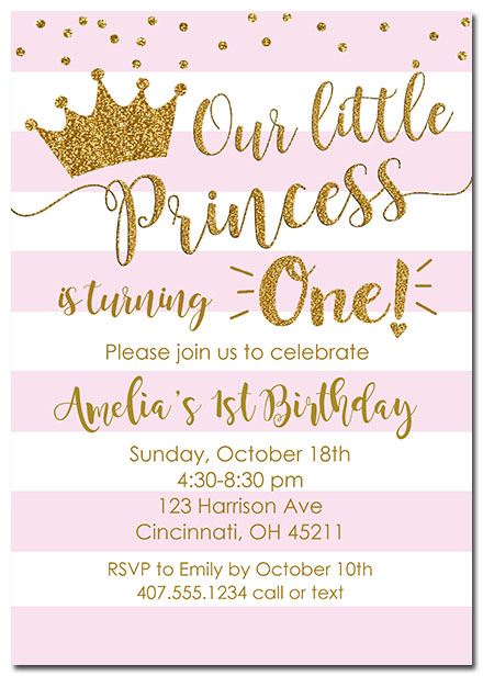1st Birthday Girl Princess Crown Party Invitations | Kids Birthday