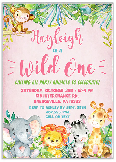 Wild One Jungle 1st Birthday Girl Party Invitations
